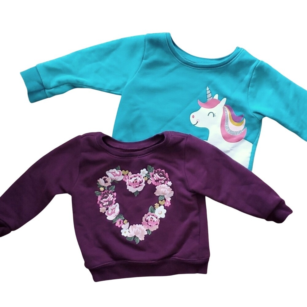 2 Garanimals Girls Long Sleeve Sweatshirts Unicorn and‎ Floral Heart Size 12M